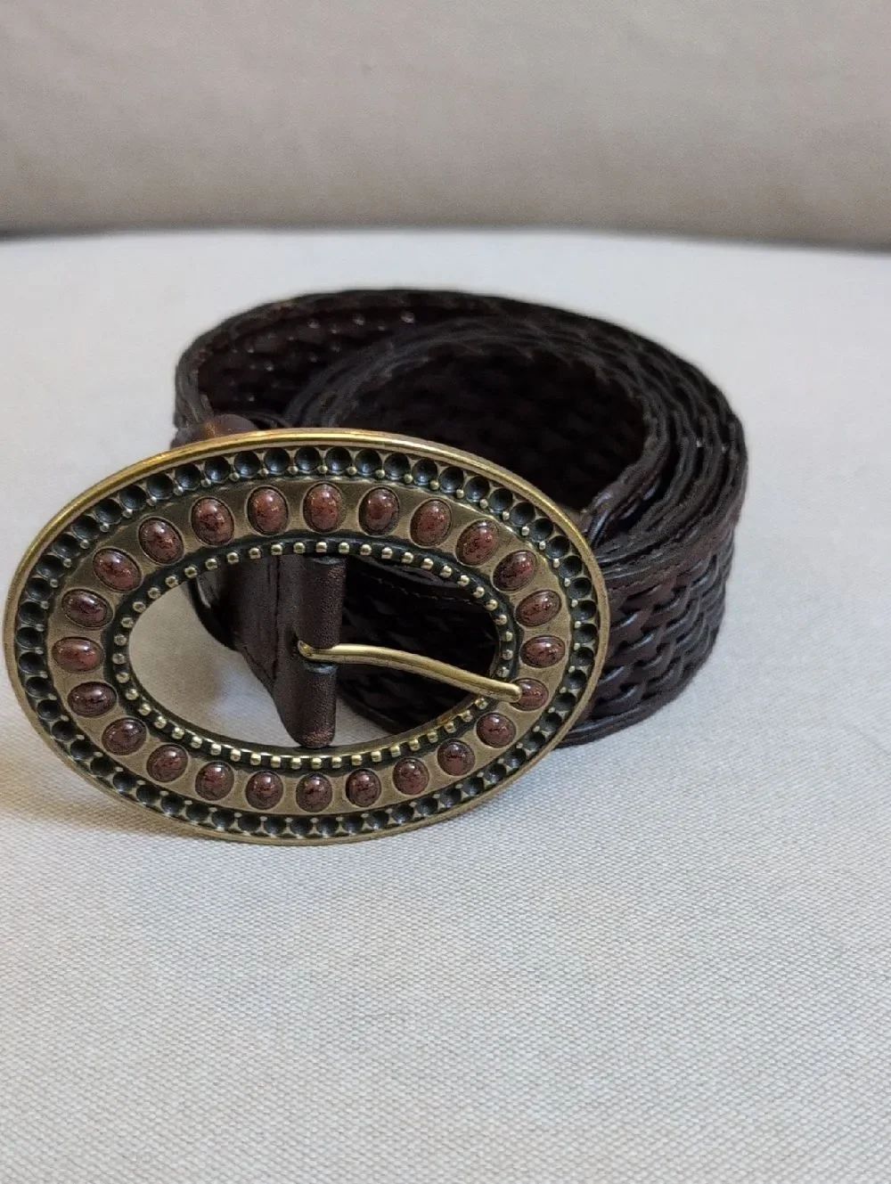 Coldwater Creek Woven Brown Leather Adjustable Belt Decorative Oval Buckle